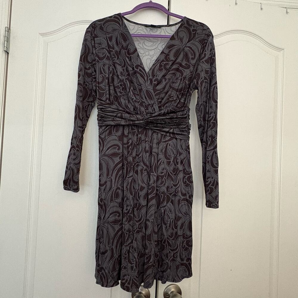 Banana Republic Petite Amy Print Dress Gray Long Sleeve V-Neck Ruched Waist L